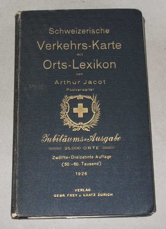 Jacot, Schweizerische Verkehrs-Karte mit Orts-Lexikon