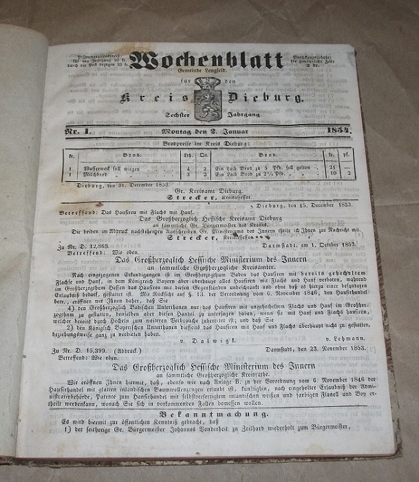Wochenblatt für den Kreis Dieburg Nr. 1 - 52 / sechster Jahrgang 1854.